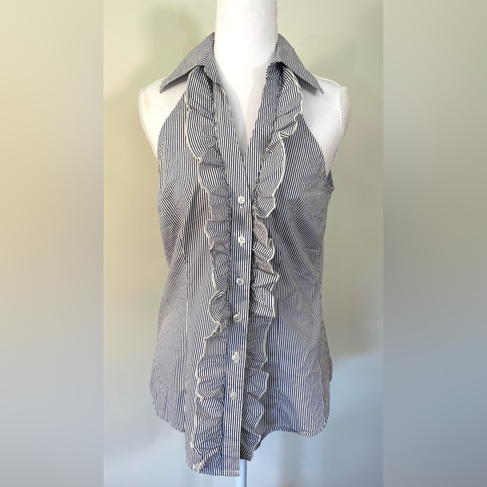 INC International Concepts‎ Black and White Sleeveless Ruffle Blouse